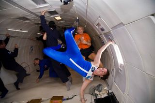 An astronaut "skinsuit" concept undergoes weightless testing in a microgravity research flight. The skinsuit is a tailor-made garment designed to squeeze an astronaut's body to help counteract the lack of Earth's gravity in space.