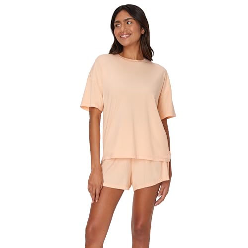 Hanes Women's Originals 2 Piece Lounge, Comfywear Supersoft Boxy T-Shirt & Sleep Shorts Loungewear Set, Mellow Peach/mellow Peach, Small