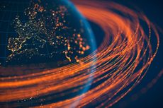 Flow of data across a connected world, technology stocks concept