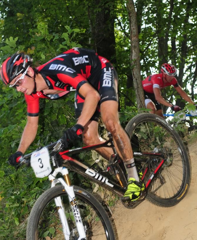 Stephen Ettinger (BMC Mountain Bike Racing Team) leading Todd Wells (Specialized) at the end of lap five.