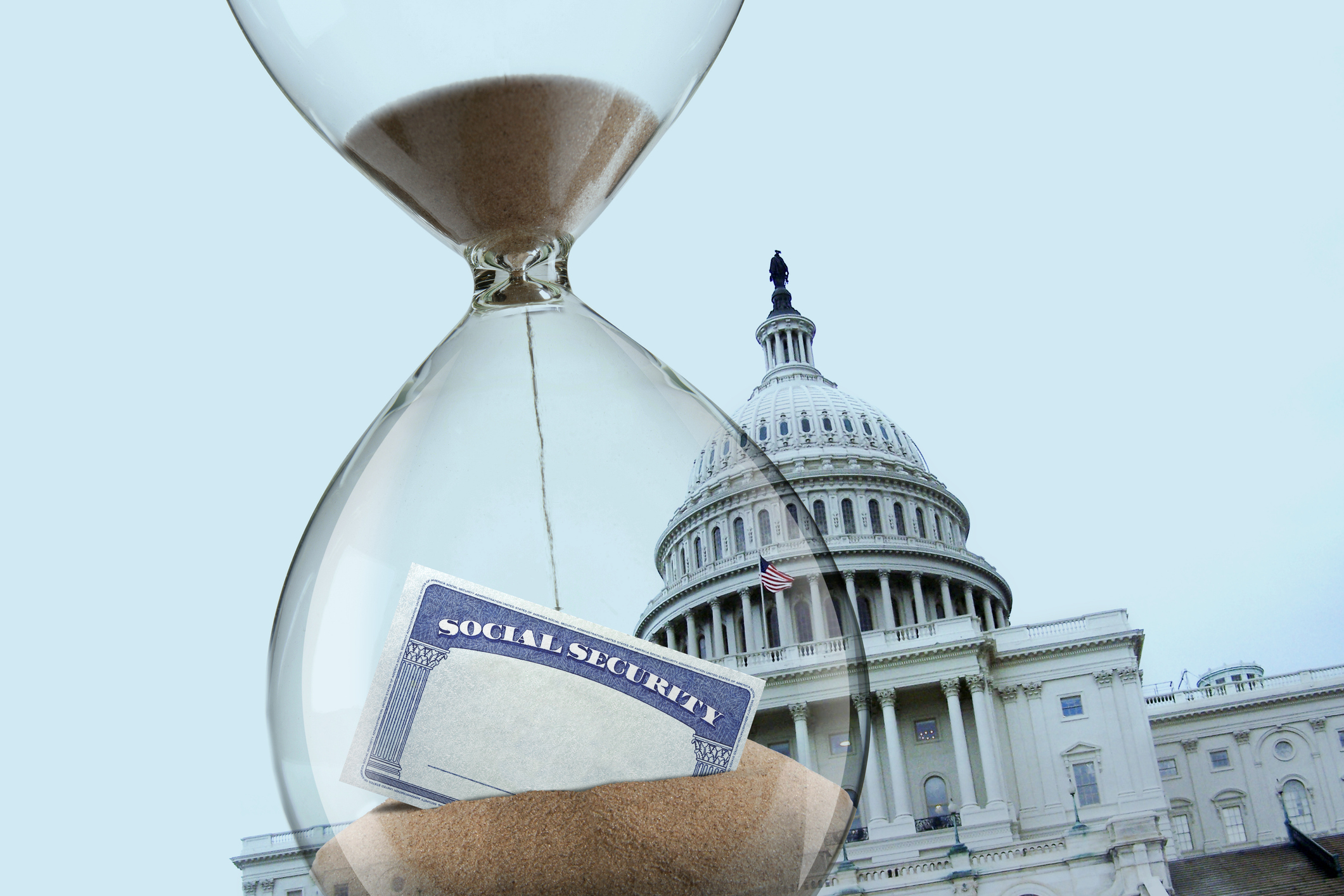 Capitol Building with an hourglass in the foreground and a Social Security card trapped inside