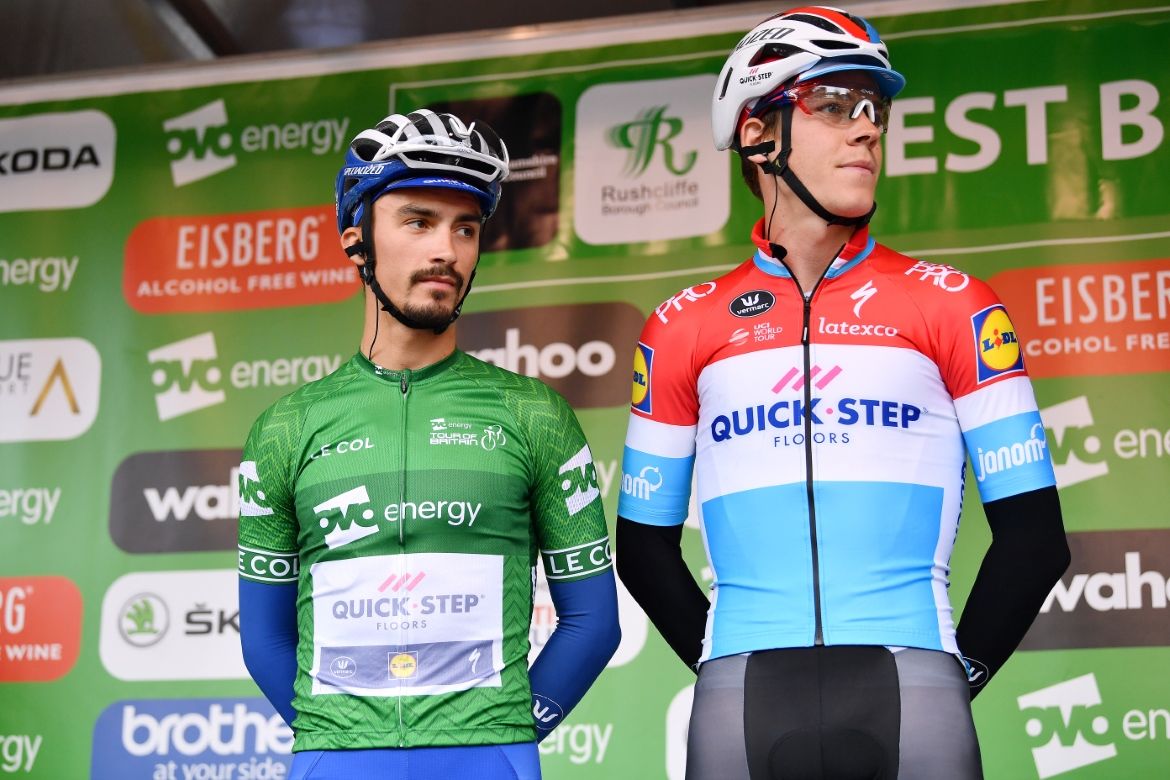 Julian Alaphilippe in the leader's green jersey