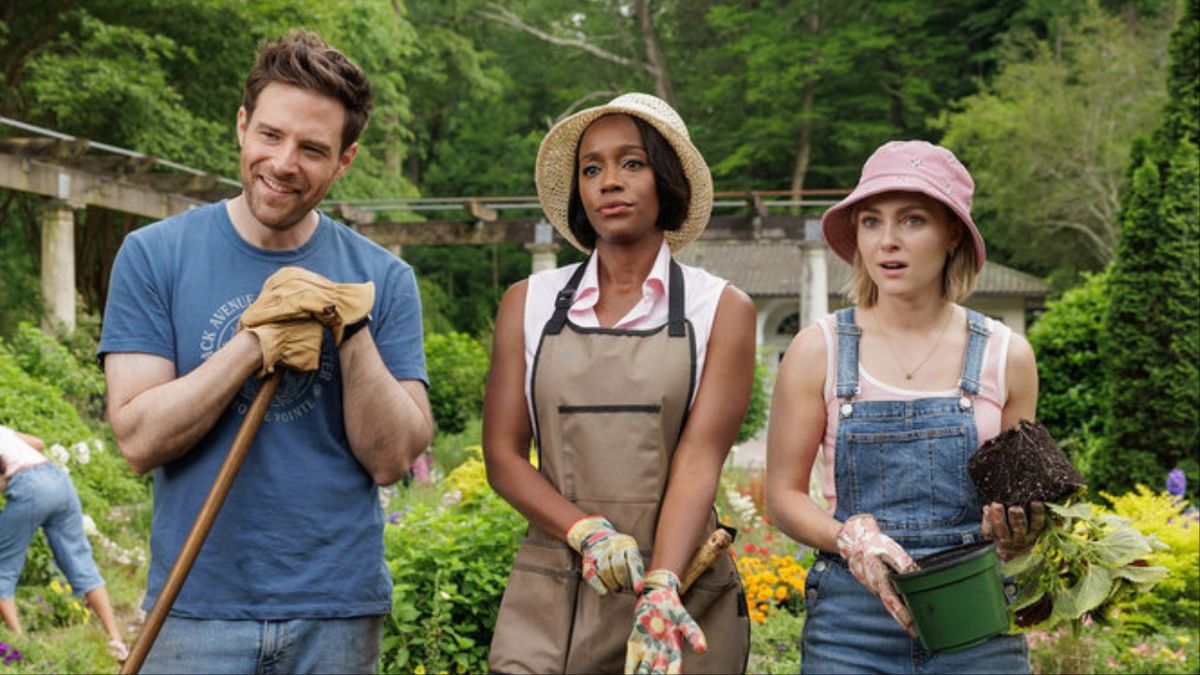 Ben Rappaort as Brett, Aja Naomi King as Catherine, and AnnaSophia Robb as Alice in Gross Pointe Garden Society Season 1x01