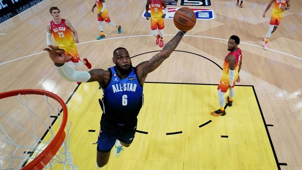 LeBron James #6 of the Los Angeles Lakers dunks during the first quarter in the 2023 NBA All Star Game between Team Giannis and Team LeBron at Vivint Arena on February 19, 2023 