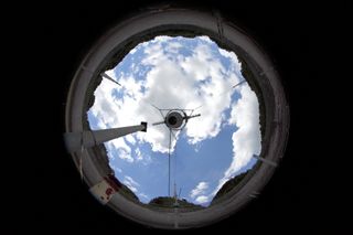 A view of the science platform from the center of the iconic radio dish at Arecibo Observatory.