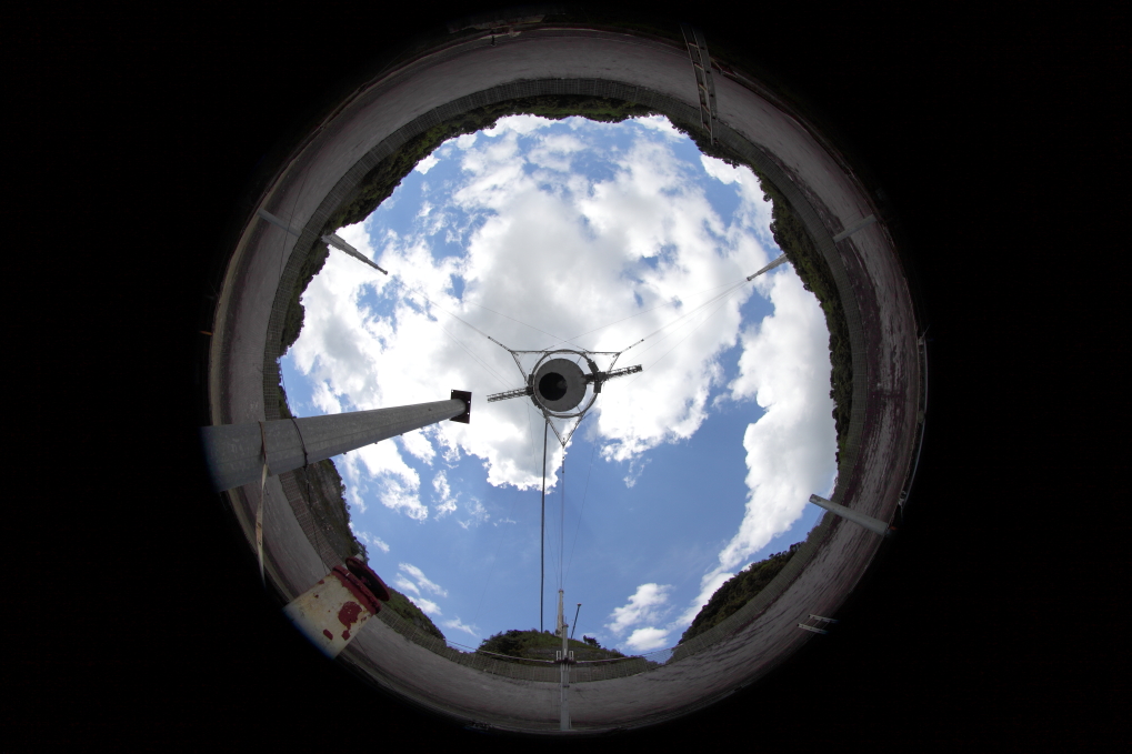 A view of the science platform from the center of the iconic radio dish at Arecibo Observatory.