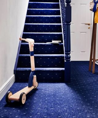 A deep blue carpet on stairs in a hallway