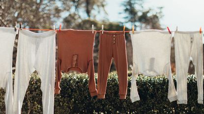 A clothes line hung outside in front of a green hedge with orange and white cotton pyjamas hanging from it