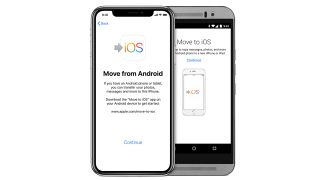 Skærmbilleder af "Flyt til iOS"-appen på en iPhone og en Android-telefon