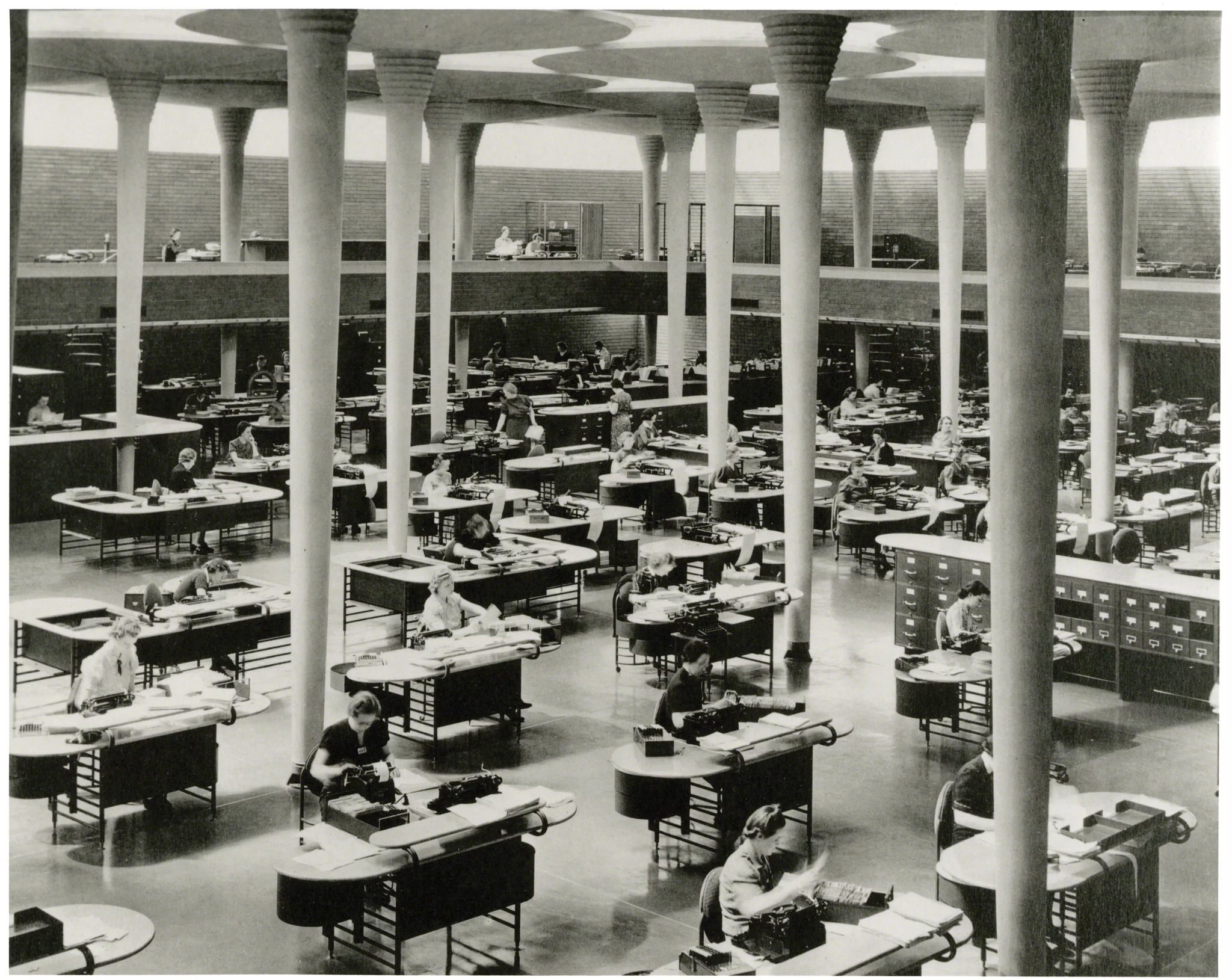 Black and white archive image of steelcase furniture by Frank Lloyd Wright