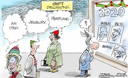 Political cartoon U.S. gift decisions iPad jewelry 2020 presidential election democrat Biden Beto Bernie