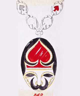 Sketch of the ’Playing Card’ sautoir in gold, coral, mother-of-pearl, onyx and diamonds, 1972