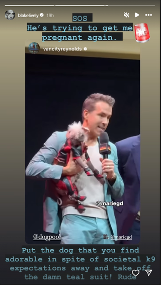 Blake Lively Instagram story about Ryan Reynolds and Dogpool