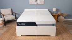 Nectar Classic vs Nectar Premier memory foam mattresses in sleep studio with blue wall, bedside chair, rattan rug, wooden bedside table, lamp and pampus grass