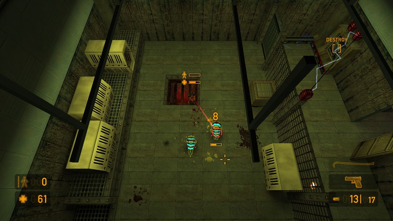 Top down view Gordon Freeman blasting aliens in a greenish grey hangar environment.