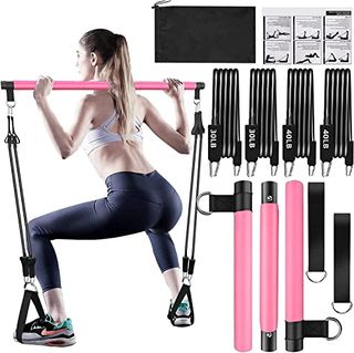 Bbtops Pilates Bar Kit With Resistance Bands(4 X Bands),3-Section Pilates Bar With Stackable Bands Workout Equipment for Legs,hip,waist and Arm (pink30lbs,40lbs)