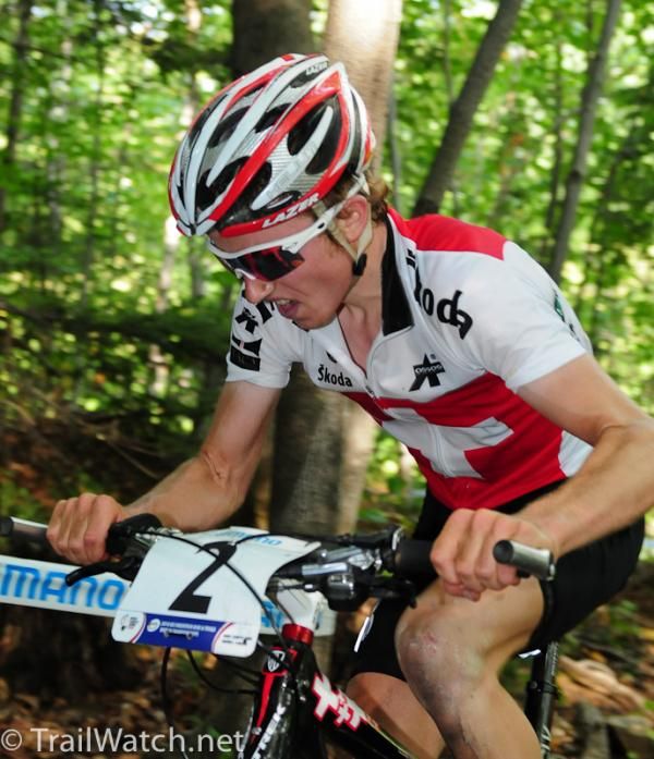 Mathias Fluckiger (Switzerland) with a 30-second lead in the woods