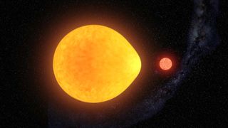 An artist's depiction of a pulsating star and a companion red dwarf.