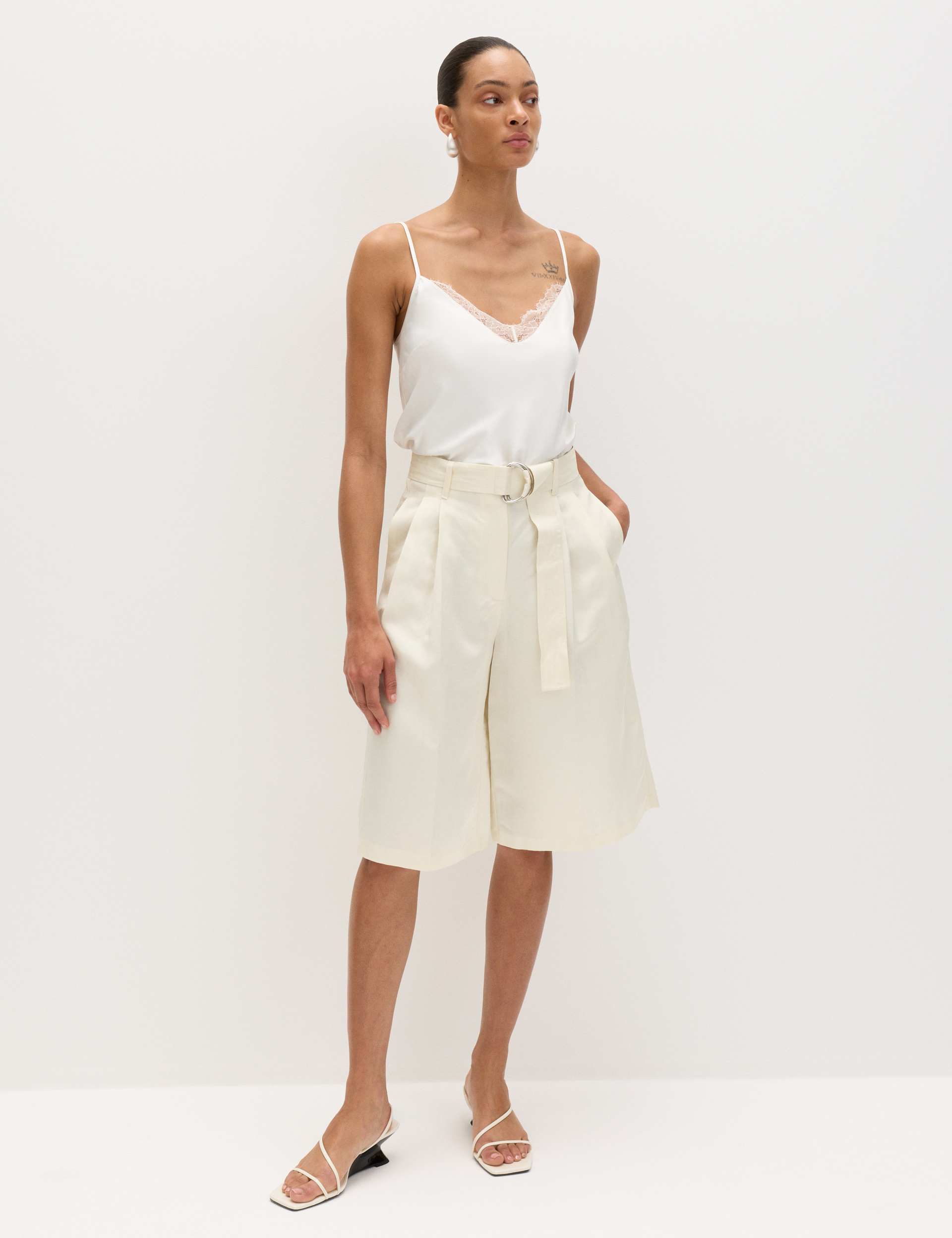 Linen Blend High Waisted Belted Bermuda Shorts
