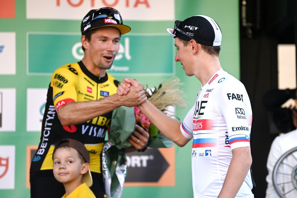 Race winner Tadej Pogacar (UAE Team Emirates) and third place Primož Roglič (Jumbo-Visma)