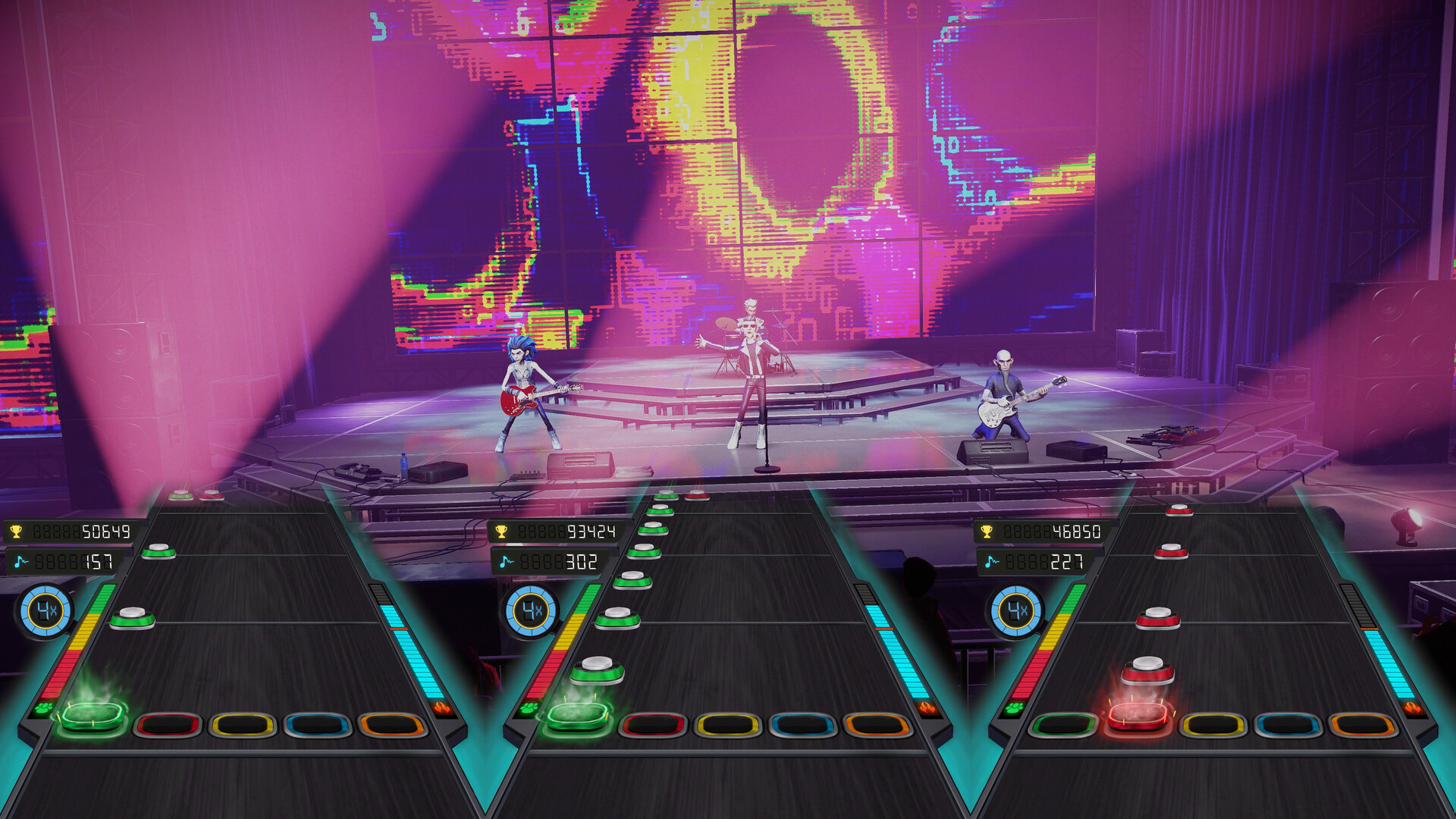 A drummer, guitarist, bassist, and singer perform on stage as different colored input prompts appear at the bottom of the screen that need to be hit in time to the music