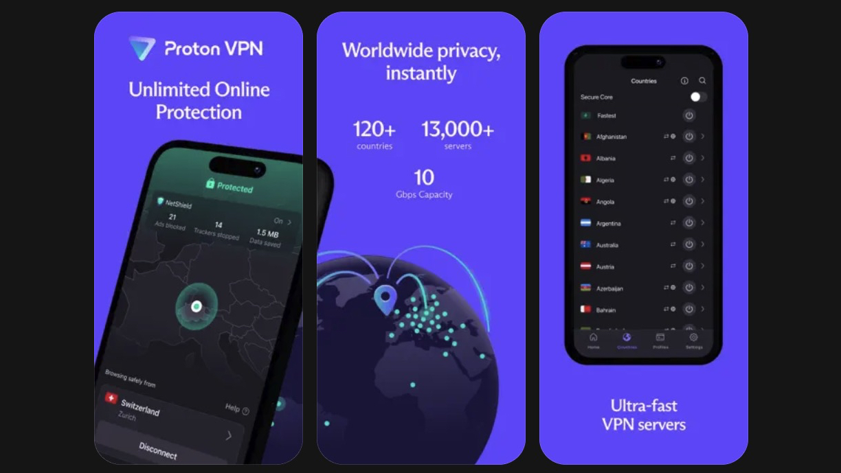 Marketing images showing Proton VPN features