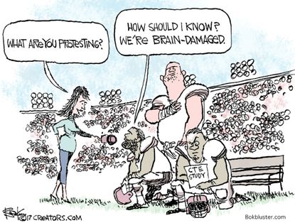 Political cartoon U.S. NFL kneeling head injuries