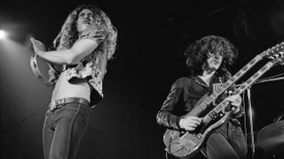 Singer Robert Plant (left) and guitarist Jimmy Page of British rock group Led Zeppelin, performing at Newcastle City Hall, 1st December 1972