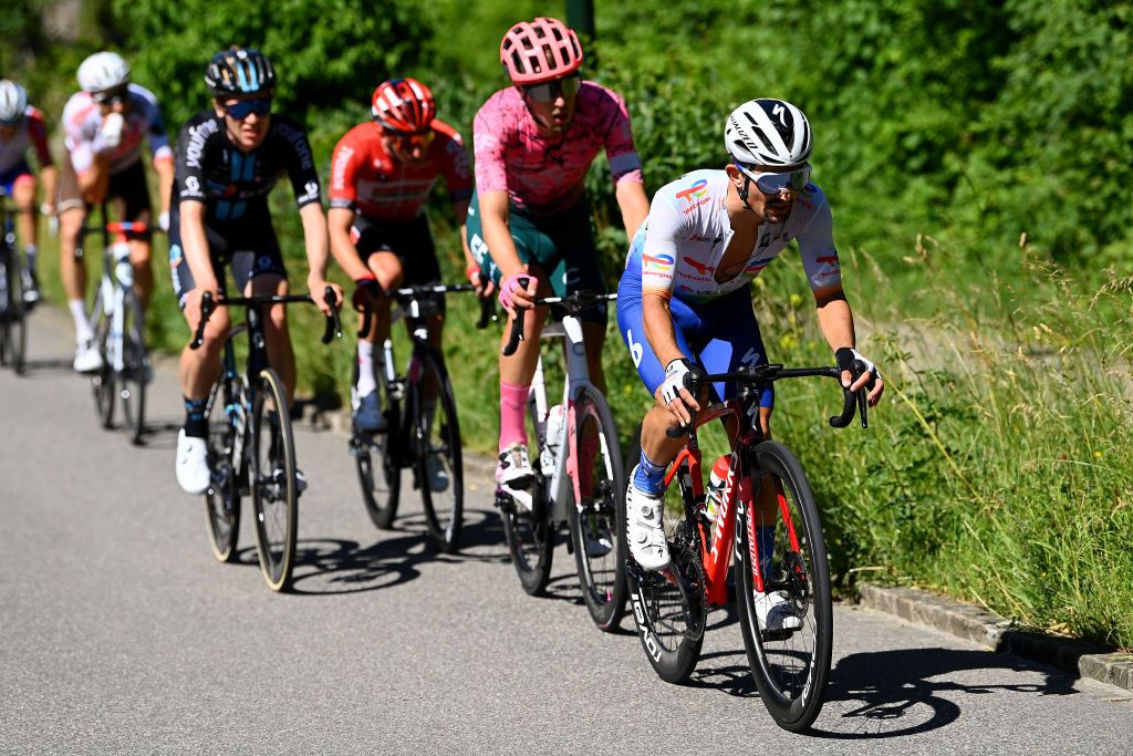 AESCH SWITZERLAND JUNE 13 Mathieu Burgaudeau of France and Team Total Energies competes in the breakaway during the 85th Tour de Suisse 2022 Stage 2 a 198km stage from Kusnacht to Aesch ourdesuisse2022 WorldTour on June 13 2022 in Aesch Switzerland Photo by Tim de WaeleGetty Images