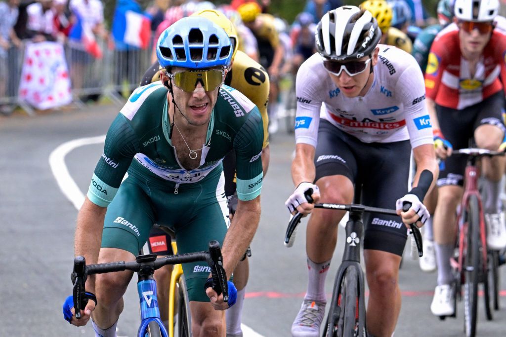 simon Team Jayco Alulas British rider Simon Yates wearing the best sprinters green jersey L cycles ahead of UAE Team Emirates Slovenian rider Tadej Pogacar wearing the best young riders white jersey R on Col Jaizkibel during the 2nd stage of the 110th edition of the Tour de France cycling race 2089 km between VitoriaGasteiz and San Sebastian in northern Spain on July 2 2023 Photo by Bernard PAPON POOL AFP Photo by BERNARD PAPONPOOLAFP via Getty Images