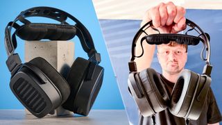 A split image showing the HEDDphone TWO GT on the left against a blue background, with the same headphones in hand on the right