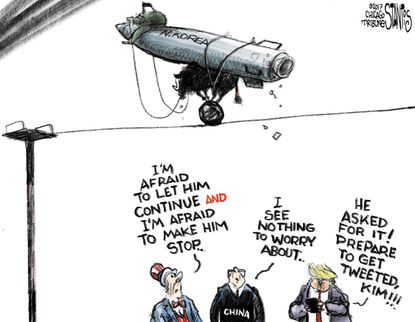 Political cartoon U.S. Trump tweets North Korea China missile tests
