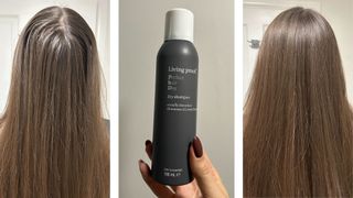 (L-R) Long straight brunette hair before using the dry shampoo, hand holding the Living Proof Perfect Hair Day Dry Shampoo, and Long straight brunette hair after using the dry shampoo