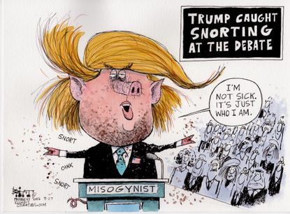 Political cartoon U.S. 2016 election first presidential debate