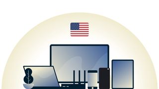 Illustration of a US flag and various tech devices