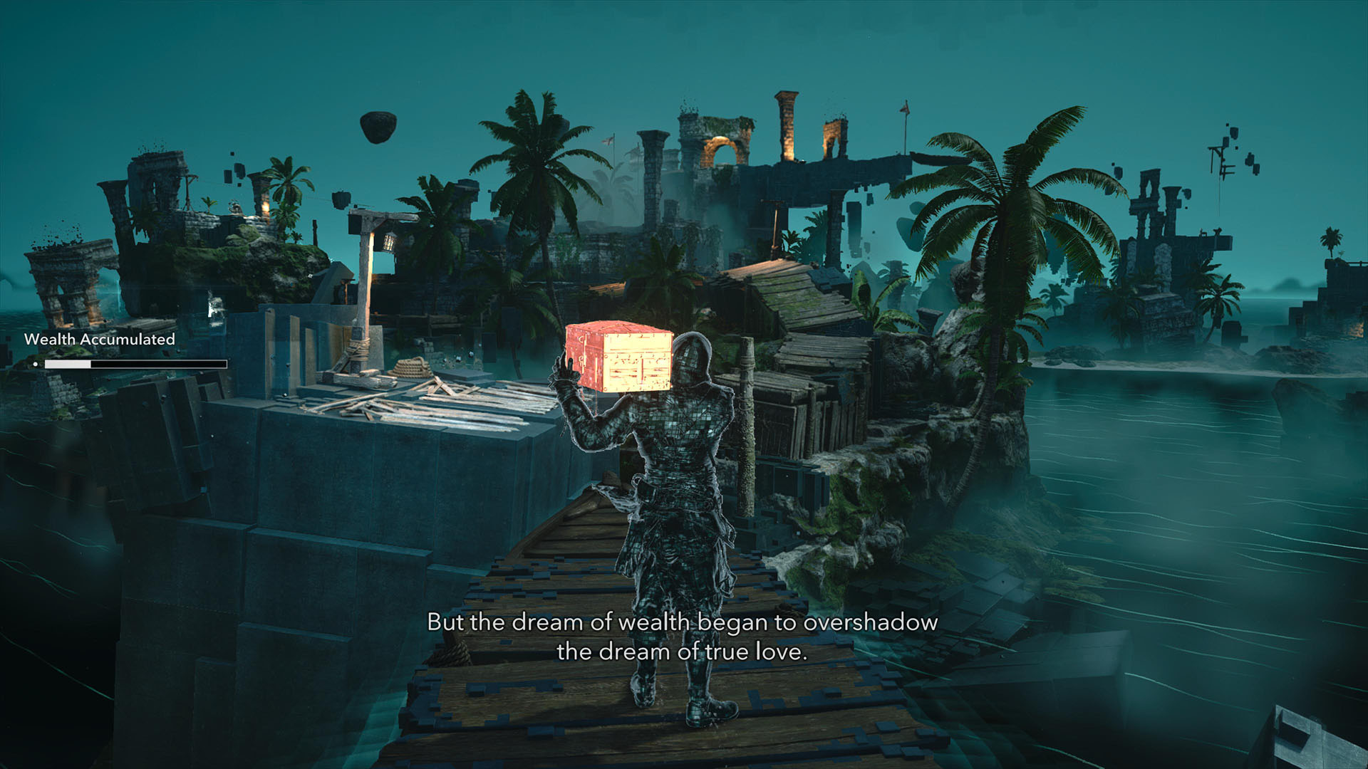 Within the Assassin's Creed Black Flag Resynced's Animus Ego, the player carries a chest through a digital world made up of pieces of the Age of Piracy