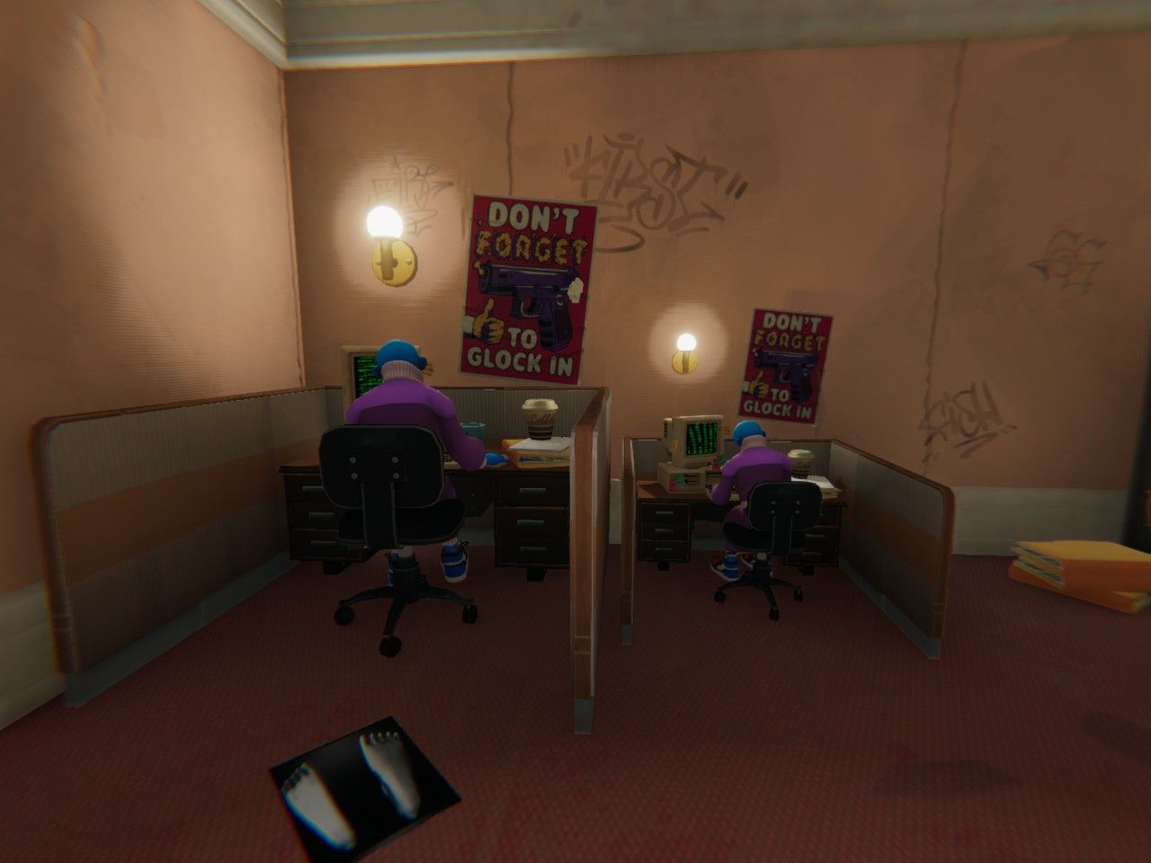 man and minime working at desks under "don't forget to glock in" signs