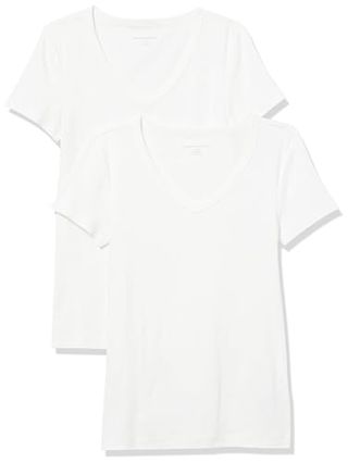 Amazon Essentials Women's Slim-Fit Short-Sleeve V-Neck T-Shirt, Pack of 2, White, Small