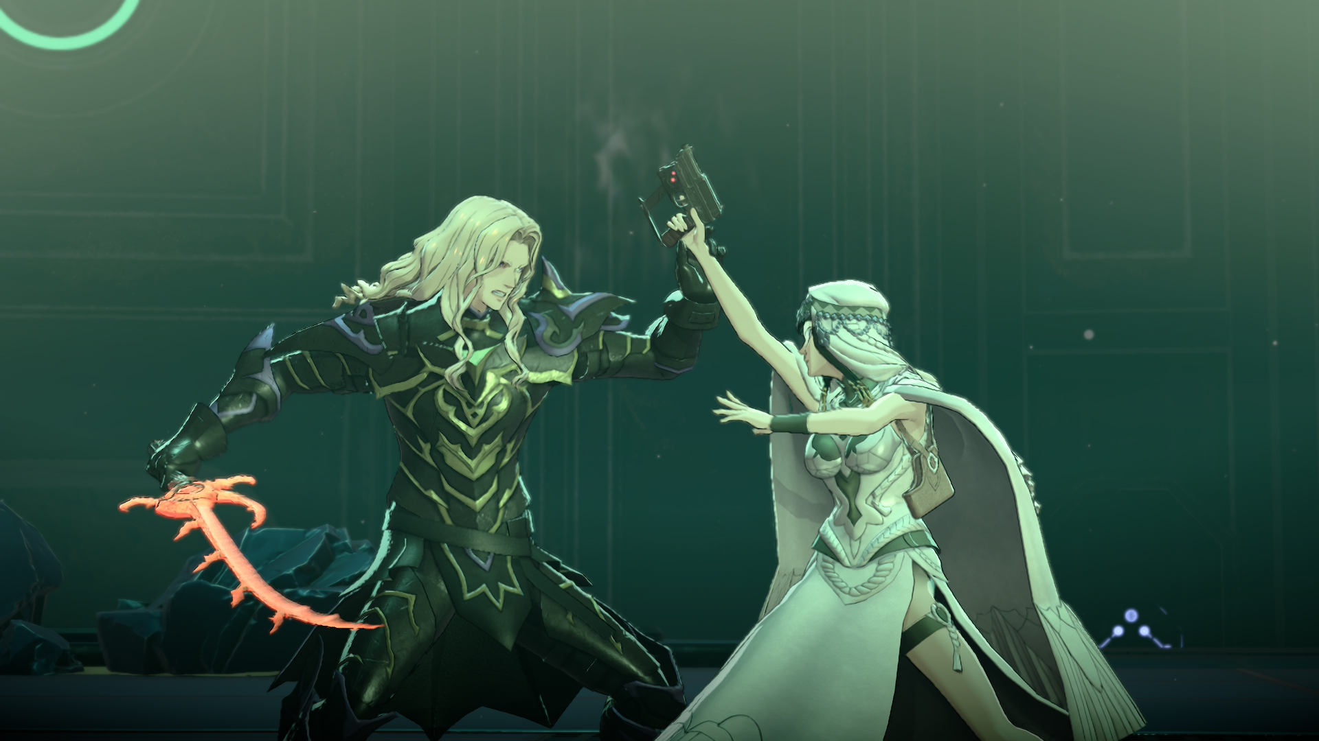 Dietrich fights a woman with a gun in Fire Emblem: Fortune's Weave