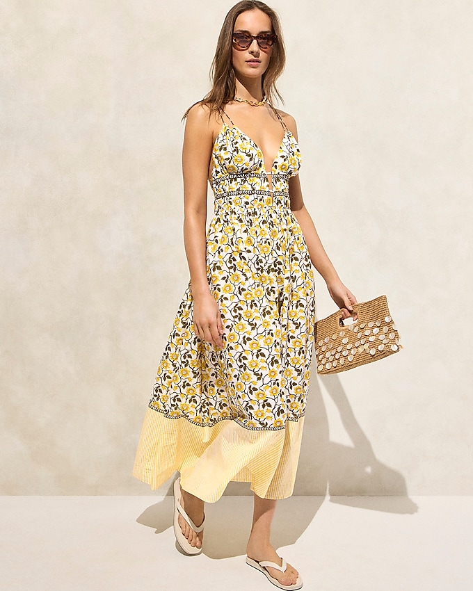 Cotton Voile Plunge Maxi Dress in Daffodil Daze Block Print