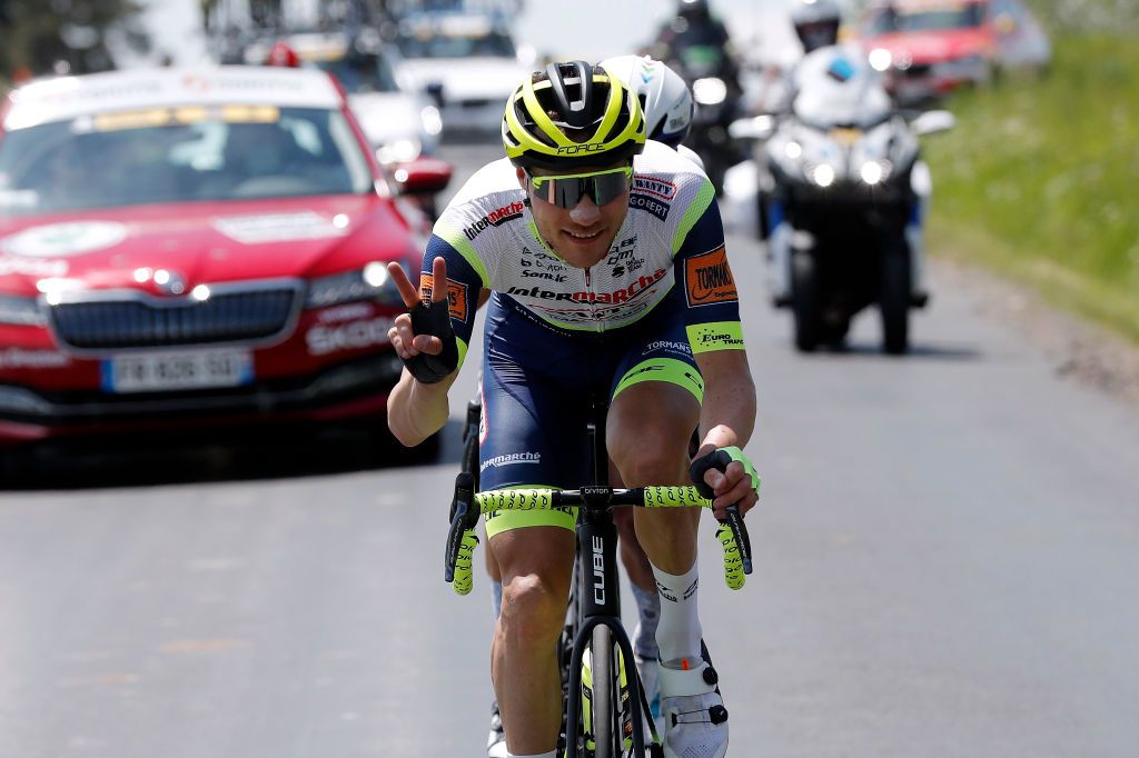 SAINT HAON LE VIEUXON FRANCE JUNE 01 Loc Vliegen of Belgium and Team Intermarch Wanty Gobert Matriaux in breakaway during the 73rd Critrium du Dauphin 2021 Stage 3 a 1722km stage from Langeac to Saint Haon Le Vieuxon UCIworldtour Dauphin dauphine June 01 2021 in Saint Haon Le Vieuxon France Photo by Bas CzerwinskiGetty Images