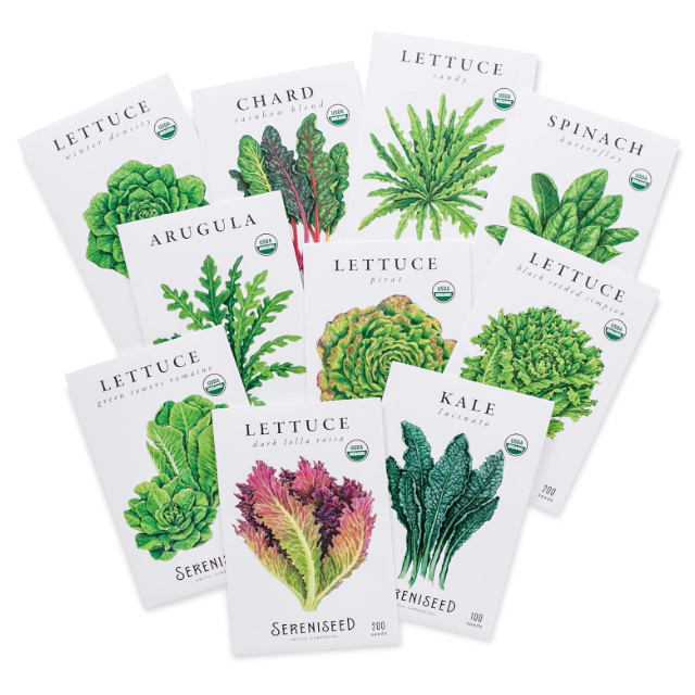 ten assorted seed packets containing seeds to grow different leafy greens