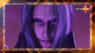 Final Fantasy 7 Rebirth antagonist Sephiroth standing with his hair blowing over his face in a purple light