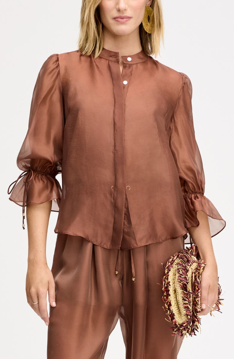 Semi Sheer Button-Up Tie Cuff Top
