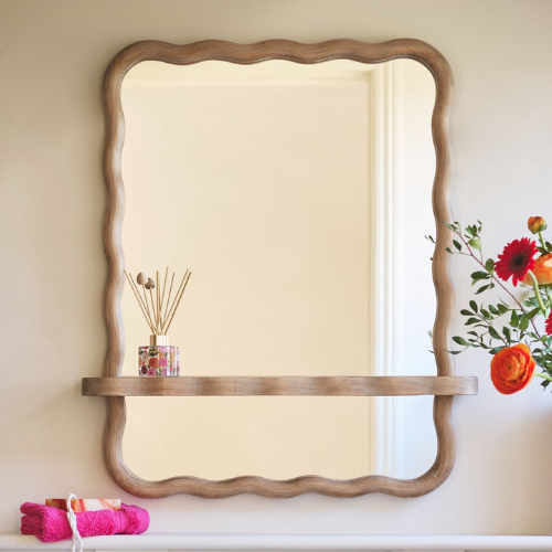 Natural Wavy Pine Wood Shelf Bathroom Wall Mirror
