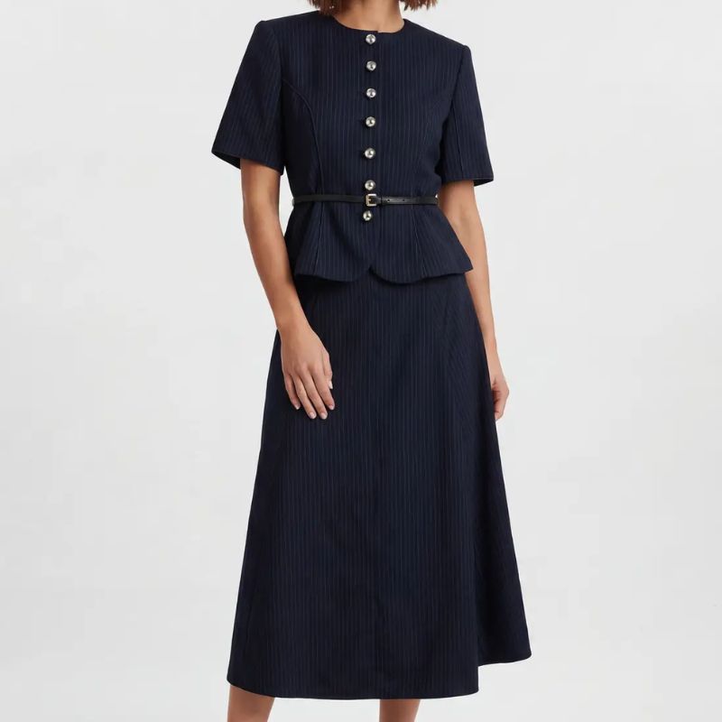 Karen Millen Tailored Pinstripe Peplum Belted Midi Dress