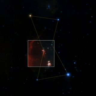 This image shows the section of the sky featured in the ZTF "first light" image, in the context of the constellation Orion.