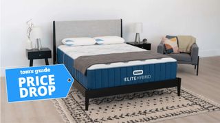 Navy and white Bear Elite Hybrid mattress in bedroom with wooden floor, black and beige rug, grey chair and black bedside tables