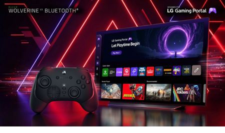 Razer Wolverine V3 Bluetooth controller placed next to an LG Smart TV. The display shows the LG Gaming Portal app, with streamed games including Borderlands 4, The Outer Worlds 2, and Arc Raiders.