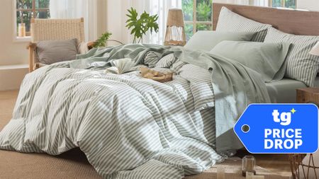 MooMee Bed Set in Heathered Sage Green, with a blue price drop deals badge in the bottom right hand corner 